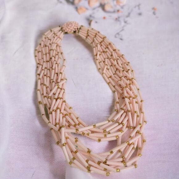 1960s Pink Multi-Strand Bead Necklace Vintage Hong Kong Jewelry GoldTone Spacers - Picture 2 of 10